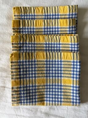 Dansk Set of 4 Cotton Gingham Plaid Check Napkins Yellow Blue White 16x12”